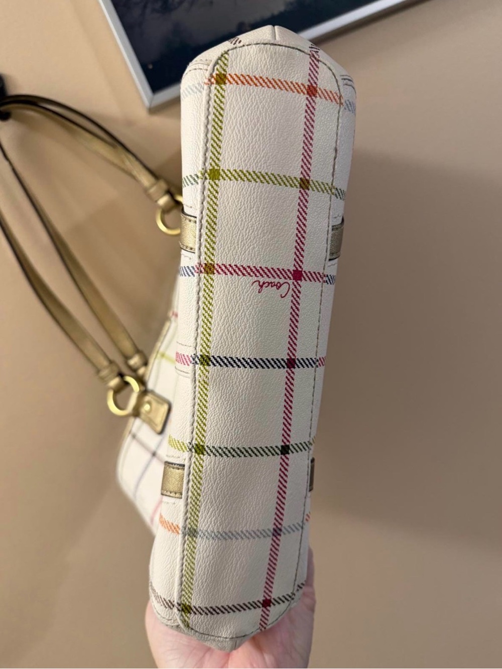 Coach 2012 White Tattersall Signature Tote with Gold Trim - Picture 6 of 7